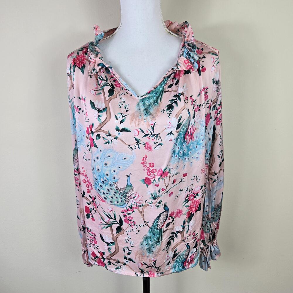 Chloe Kristyn Blouse Womens Small Pink Peacock Floral Print Ruffle Top Boho